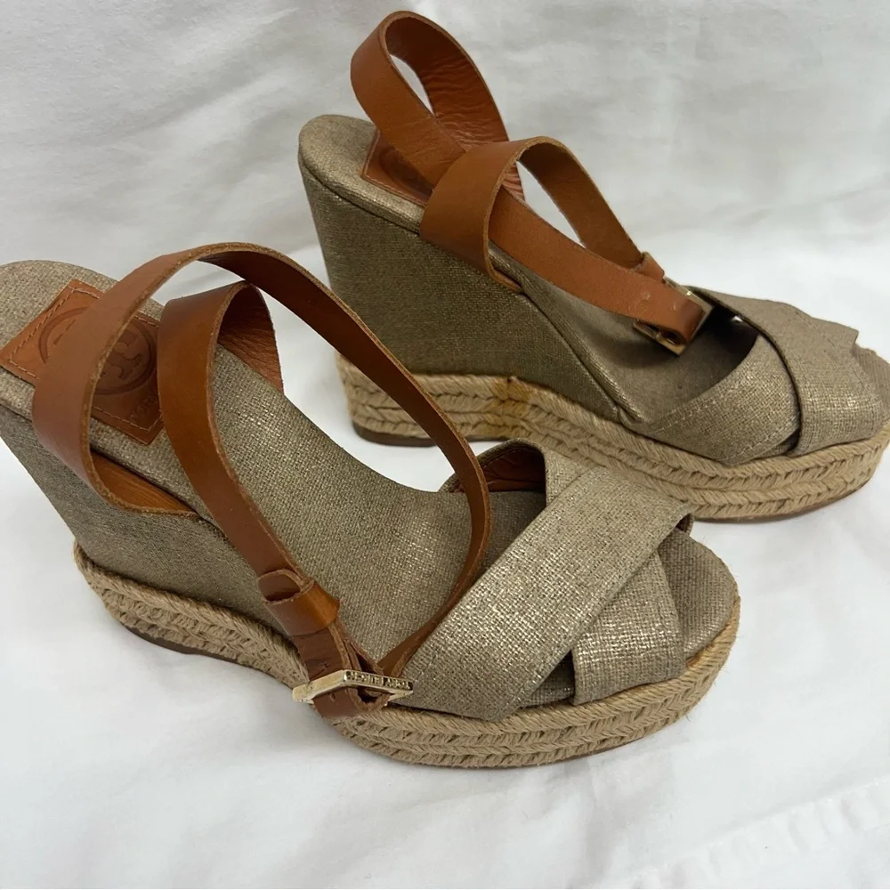 Tory Burch gold canvas wedge espadrilles with camel colored leather ankle strap - Picture 6 of 9